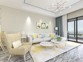 spacious living room design of modern residence, with sofa, tea table, decorative painting, etc