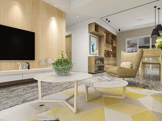 spacious living room design of modern residence, with sofa, tea table, decorative painting, etc