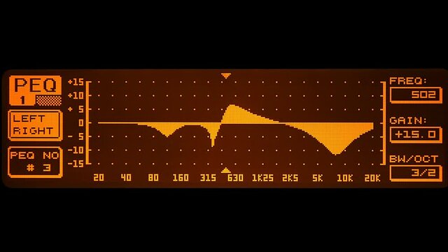 The professional concert parametric equalizer has a yellow spectrum analyzer on the display that analyzes the frequency range of music or any sound and can change it. Closeup