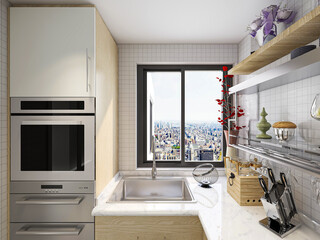 Modern family kitchen design, new cabinets and kitchenware with refrigerators, sunlight from the window.