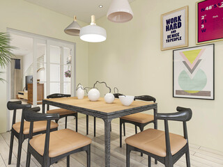 warm dining room area design, wooden table and chair