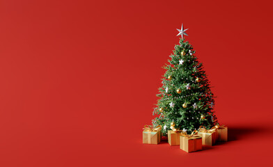 Christmas tree with gold gift boxes on red background. 3d rendering