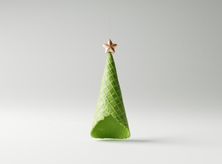 Christmas tree made of green ice cream cone on bright white background. Creative idea concept. 3d rendering