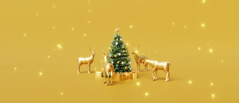 Herd of reindeer with christmas tree on gold background. 3d rendering