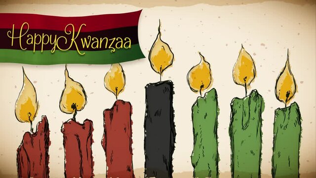 Lighted candles in hand drawn style and a little ribbon with traditional colors to celebrate Kwanzaa. Video animated 4K