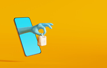 Hand hold a bag out of smartphone on yellow background. Fashion online shopping concept or give a special gift. 3d rendering