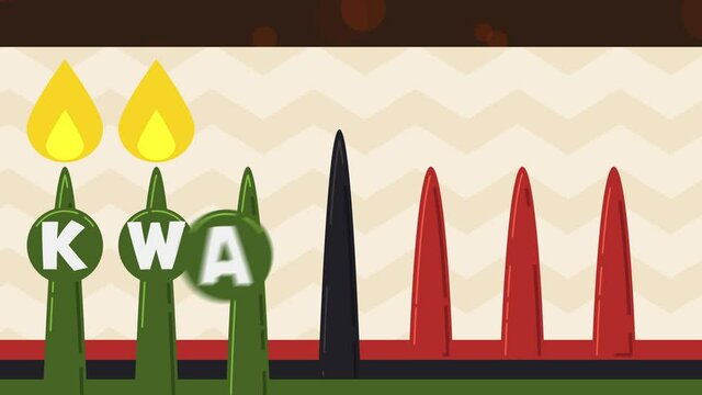 Flat styled banner with lighted candles in traditional colors and marked letters on it that spell the word Kwanzaa. Video animated 4K