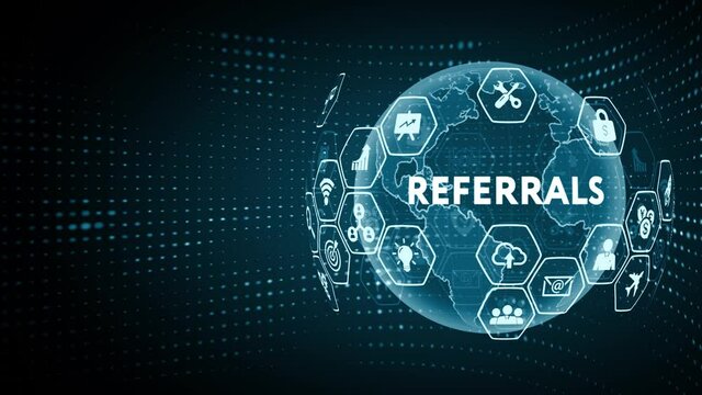 Businessman presses button referrals on virtual screens. Business, Technology, Internet and network concept.