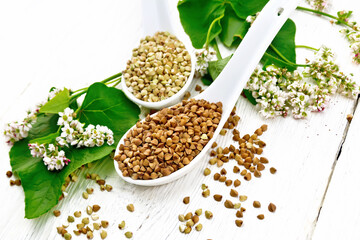 Buckwheat brown and green in spoons on board