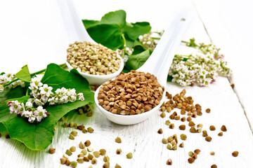 Buckwheat brown and green in spoons on light board