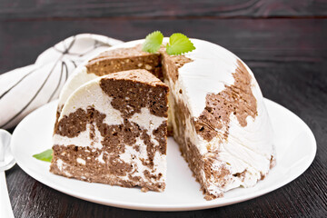 Dessert of curd and chocolate on board