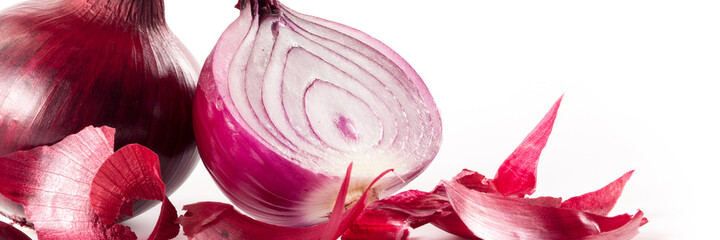 Close up of organic red onions isolated on white background