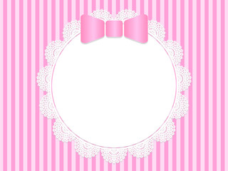 Round lace frame on pink stripes. Vector illustration.