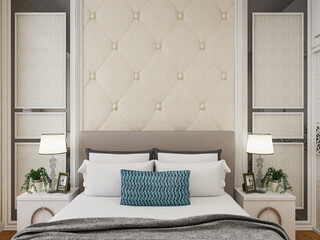  elegant and modern bedroom design, big bed with overcoat cabinet, coffee table, TV, carpet, etc., very comfortable and leisure.