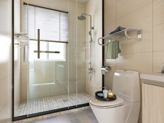 modern residential clean bathroom design, with washbasins, mirrors, toilets, shower equipment and bathtubs