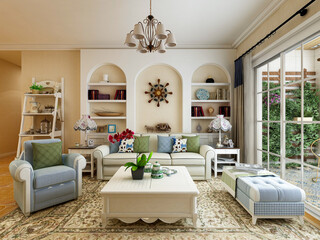  simple modern living room single chair with coffee table, and green plants as decorations.