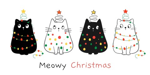 Fototapeta na wymiar Draw happy cats with Christmas light For winter and New year.