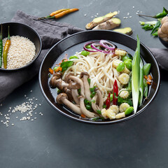 Udon noodles with mushrooms and vegetables