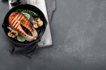 Salmon steak in a grill pan