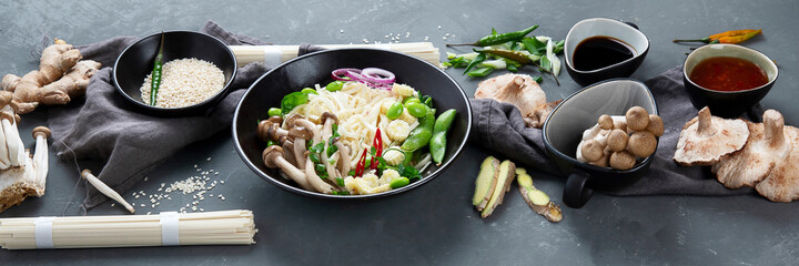 Udon noodles with mushrooms and vegetables