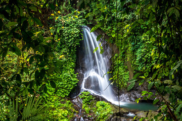 Waterfall landscape. Beautiful hidden Pengibul waterfall in rainforest. Tropical scenery. Slow shutter speed, motion photography. Nature background. Bali, Indonesia