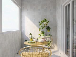 spacious and bright urban residential closed balcony design, green plants with wooden tables and chairs are leisure and comfortable.