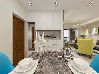spacious dining room design next to the modern kitchen, with a beautiful dining table and greenery