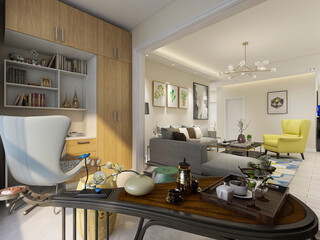 spacious and bright urban residential closed balcony design, green plants with wooden tables and chairs are leisure and comfortable.