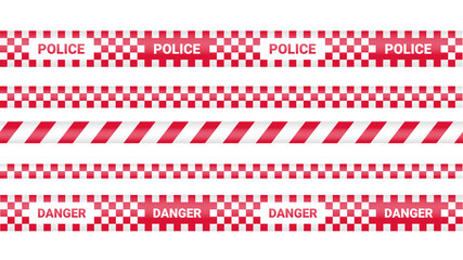 Police tape, crime danger line. Caution police lines isolated. Warning barricade tapes. Set of red warning ribbons. Vector illustration.