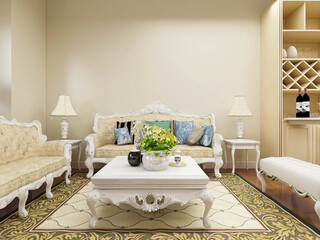  spacious living room design of modern residence, with sofa, tea table, decorative painting, etc