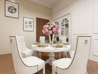 spacious dining room design next to the modern kitchen, with a beautiful dining table and greenery