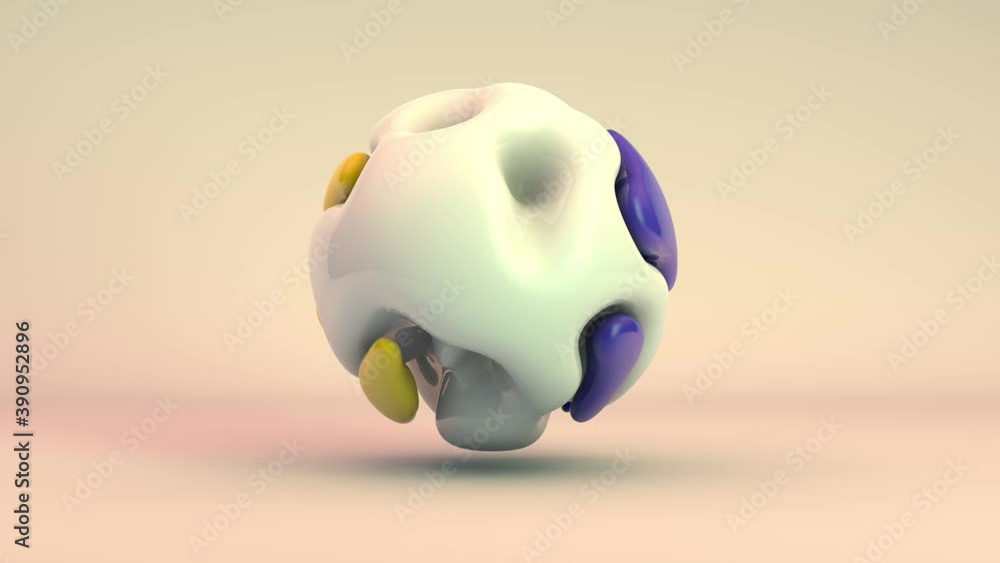 Poster 3d animation of an abstract sphere with changing terrain and blue and yellow elements that play on t