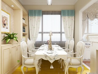 spacious dining room design next to the modern kitchen, with a beautiful dining table and greenery