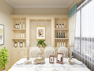 spacious dining room design next to the modern kitchen, with a beautiful dining table and greenery