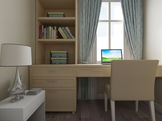 spacious modern residential study design, with laptop, desk, bookshelf and piano.