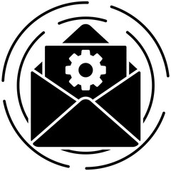 
An open letter with a document containing the cogwheel sign flat icon, settings alert email.
