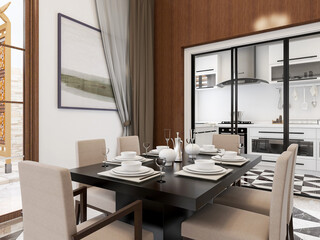 spacious dining room design next to the modern kitchen, with a beautiful dining table and greenery