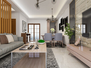  spacious living room design of modern residence, with sofa, tea table, decorative painting, etc