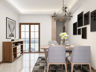 spacious dining room design next to the modern kitchen, with a beautiful dining table and greenery