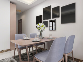 spacious dining room design next to the modern kitchen, with a beautiful dining table and greenery