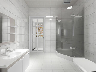 Clean modern residential bathroom and toilet design, which is equipped with washstand, toilet and shower equipment, etc