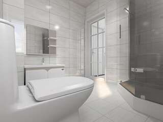 Naklejka na ściany i meble Clean modern residential bathroom and toilet design, which is equipped with washstand, toilet and shower equipment, etc