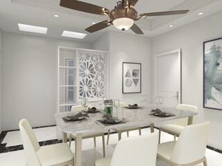 spacious dining room design next to the modern kitchen, with a beautiful dining table and greenery