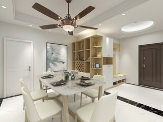 spacious dining room design next to the modern kitchen, with a beautiful dining table and greenery