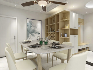 spacious dining room design next to the modern kitchen, with a beautiful dining table and greenery