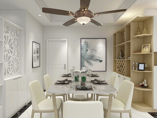 spacious dining room design next to the modern kitchen, with a beautiful dining table and greenery