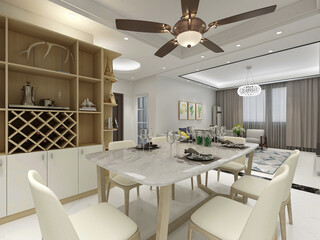 spacious dining room design next to the modern kitchen, with a beautiful dining table and greenery