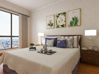 elegant and modern bedroom design, big bed with overcoat cabinet, coffee table, TV, carpet, etc., very comfortable and leisure.