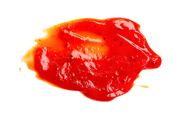 Drop of barbecue sauce or ketchup isolated on white background, top view, close up.