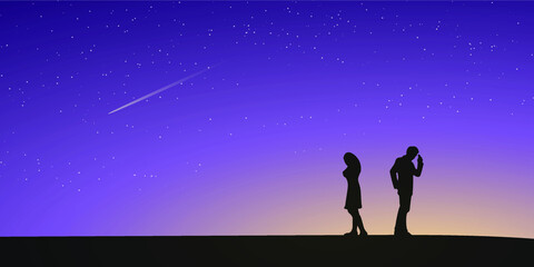 Silhouettes of couple man and woman broken heart. Night sky and stars as background. Love concept. Vector illustration.